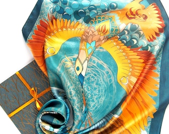 Silk scarf Birds Of Paradise - Satin natural silk, square scarves, print Art Nouveau, fantasy pocketsquare, flying birds, gift for her