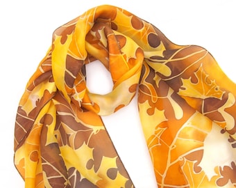 Brown scarf for autumn with Maple leafs, hand painted on silk scarves. Yellow wrap for fall.