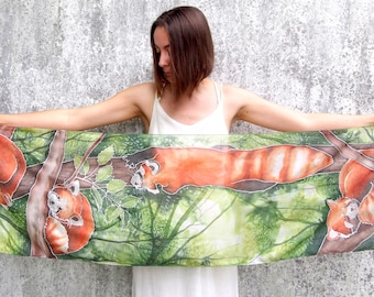 Red panda scarf, hand painted silk scarves with endangered animals, veterinarian gift for him, animal silk scarf
