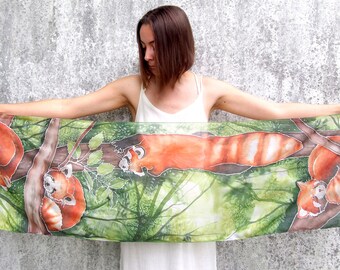 Red panda scarf, hand painted silk scarves with endangered animals, veterinarian gift for him, animal silk scarf