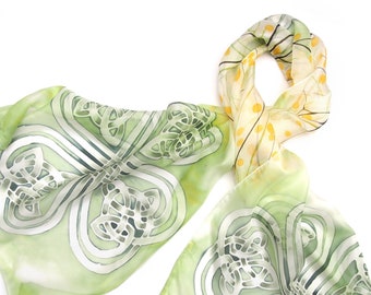 Celtic silk scarf - hand painted scarves with catkin Celtic knot and pussy willow branches - green spring scarf - easter shoulder wrap