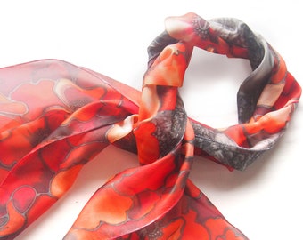 Red Poppies silk scarf, hand painted scarves, vivid red poppy on black, small silk headscarf with flowers, anniversary gift for her