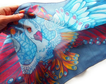 Silk scarf Bird Of Paradise, blue wings hand painted scarves with peacock feathers, animal art, fantasy bird with spread wings