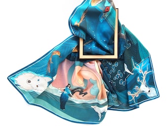 Square silk scarf: forest animals and birds, Night goddess, stars Zodiac signs. 100% twill printed scarves, teal blue and big. Head scarf.