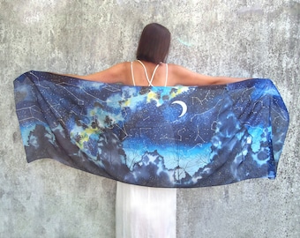 Stars silk scarf - big silk wrap - night sky pareo - zodiac signs, milky way hand painted on silk - moon design in dark blue. Galaxy scarf