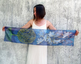 Blue silk scarf hand painted with multicolor maple leafs and tree, slim silk scarves with Tree Of Life gift, dark blue silk scarf