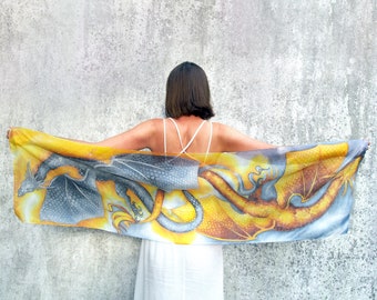 Dragon silk scarf for festivals, hand painted scarves with fantasy creatures in gold & silver, RPG gift for her