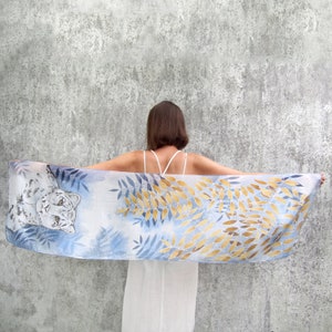White Leopard scarf, hand painted silk scarves with white tiger, snow and gold autumn leafs. Long silk shawl. image 1