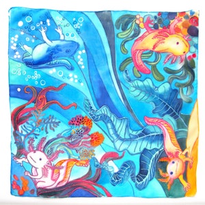 Axolotl silk scarf, square hand painted silk scarves, bandana, under the sea, gift for her 30th birthday, Amphibian, strange animals, cute