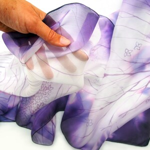 White silk scarf with purple lines, abstract scarves hand painted on light shawl. Christmas gift for her with lilac, romantic gift for wife