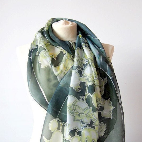 Silk scarf Lily of the Valley, hand painted scarves in dark green, art nouveau
