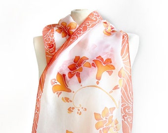 Kimono scarf, white silk scarf hand painted with orange flowers, long scarves, gift for gardener