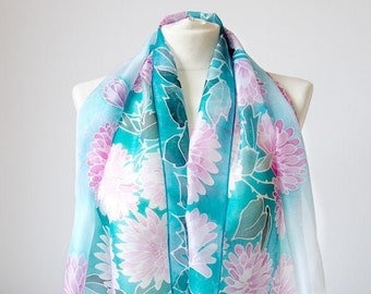 Silk scarf Chrysanthemum, pink and turquoise handpainted scarves