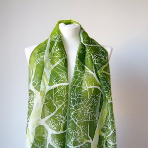 Bright green silk scarf with white tree. Nature inspired forest scarves hand painted. image 2