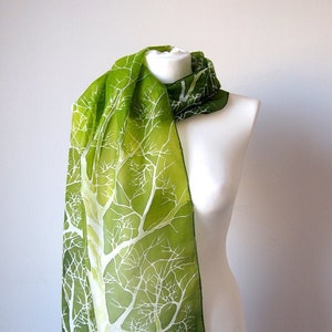 Bright Green Silk Scarf With White Tree. Nature Inspired - Etsy