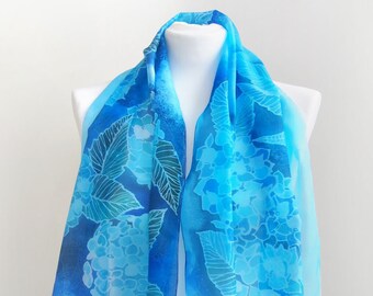 Blue silk scarf  with Hydrangea Flower, handpainted scarves - personalized scarf fourth anniversary gift, wedding heirloom