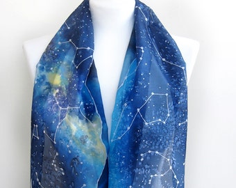Star scarf, night sky, galaxy, magic art. Personalized hand painted silk scarf: choose your zodiac signs, birthday gift for her, custom