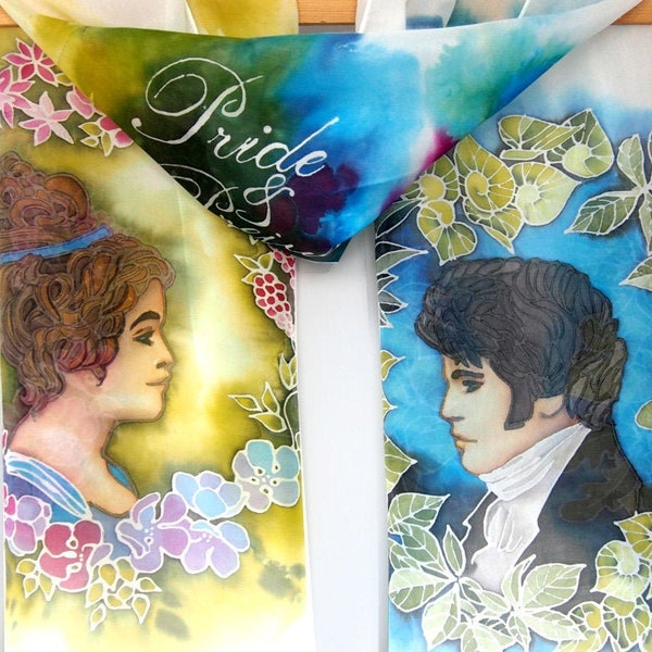 Pride and Prejudice scarf, Jane Austen gift with Mr Darcy,  hand painted silk scarves, book scarf, book lover gift, romancecore, lover gift