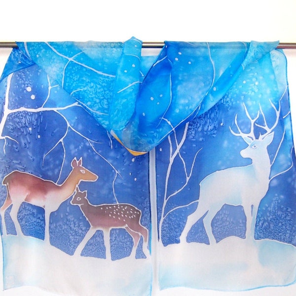 Deer silk scarf with moon, winter forest hand painted in blue and white