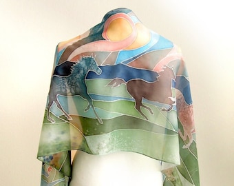 Horse silk scarf, hand painted scarves with running horses, men gift, for veterinarian - long silk scarf with stallions