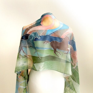 Horse silk scarf, hand painted scarves with running horses, men gift, for veterinarian - long silk scarf with stallions