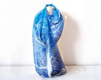 Silk scarf White Tree, handpainted scarf, long blue silk shawl