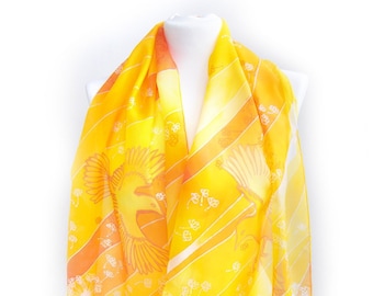 Yellow silk scarf, hand painted scarves dandelions & birds, orange silk wrap. Lightweight, sheer scarves for summer