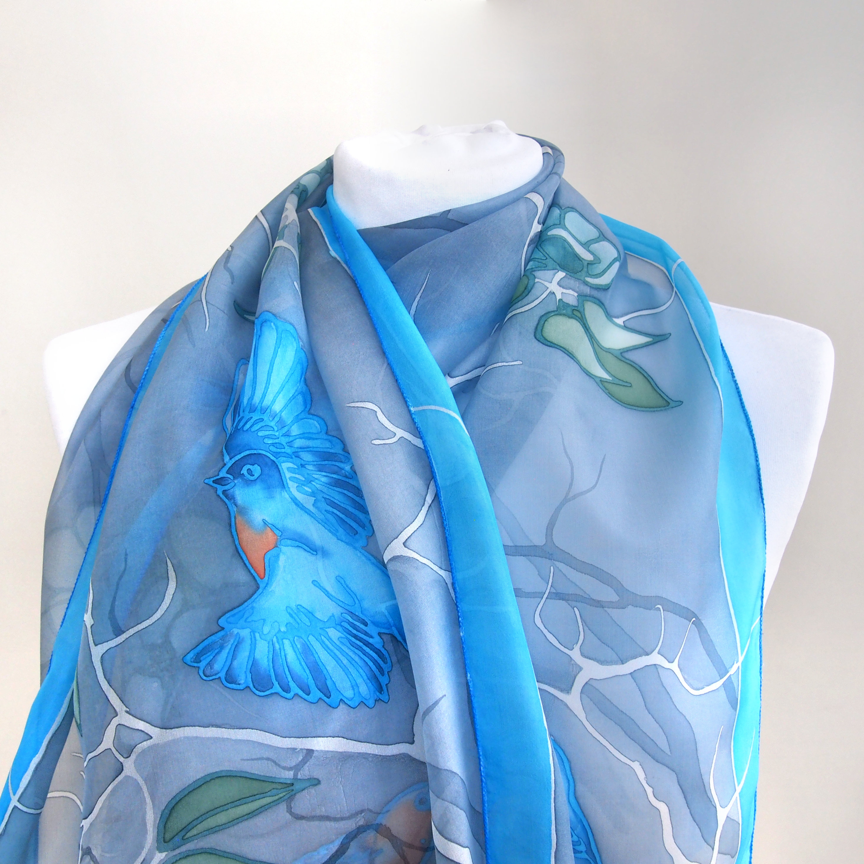 小物 Hand Printed Silk Scarf - blue Bluebird Silk Scarf - Hand Painted Silk Scarves in Gray and Blue