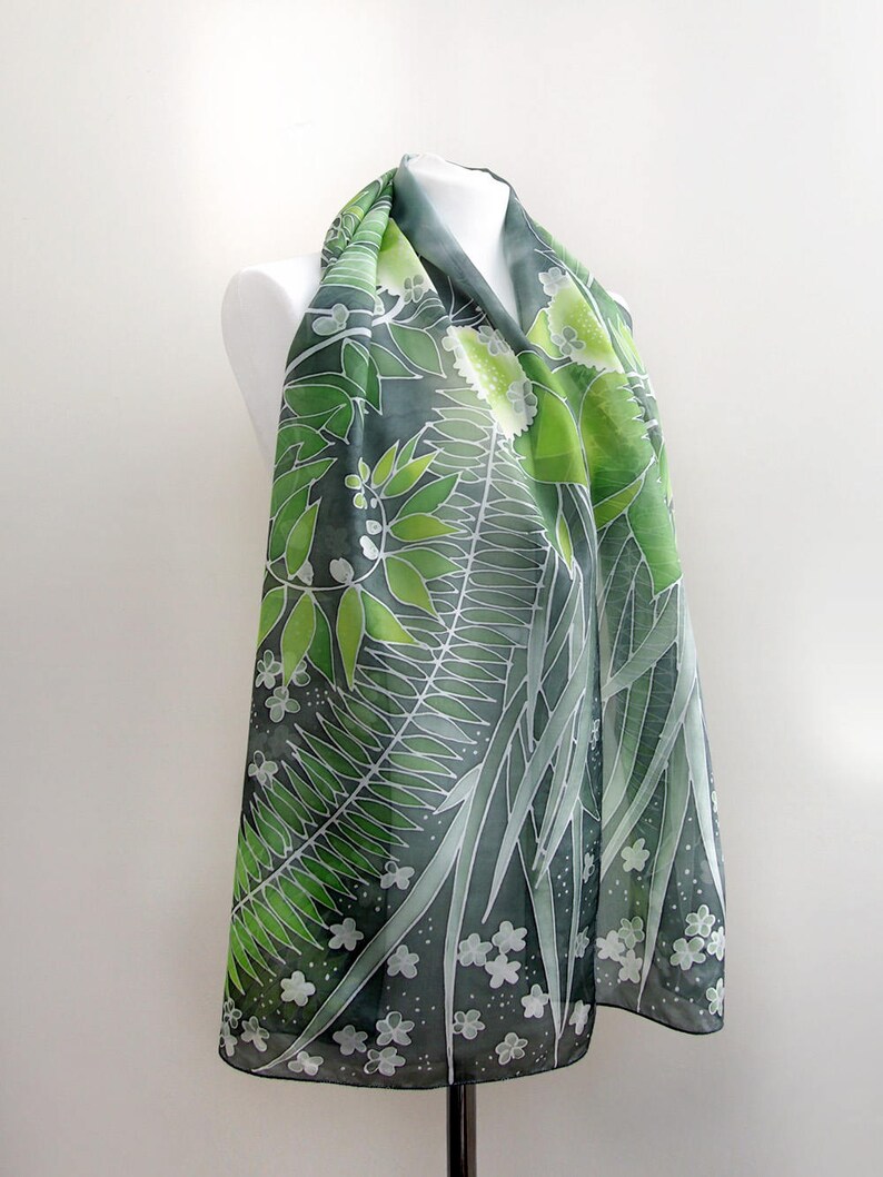 Fern scarf, dark green silk scarves hand painted with Solomon seal, St Patrick gift image 3