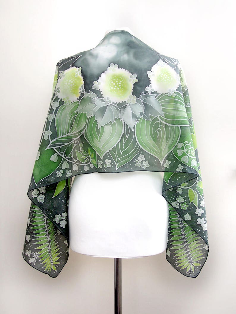 Fern scarf, dark green silk scarves hand painted with Solomon seal, St Patrick gift image 2