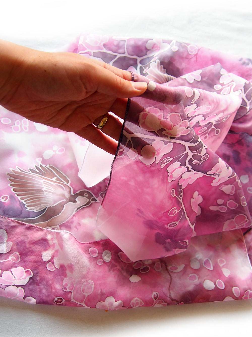 Cherry Blossom Scarf, Sparrows Birds Hand Painted on Pink