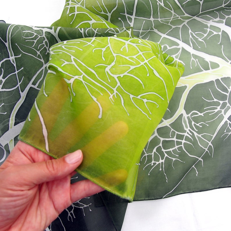 Bright green silk scarf with white tree. Nature inspired forest scarves hand painted. image 4