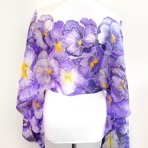 Purple scarf, pansy painted silk scarf with flowers, light weight pure Habotai for Mother's Day image 3