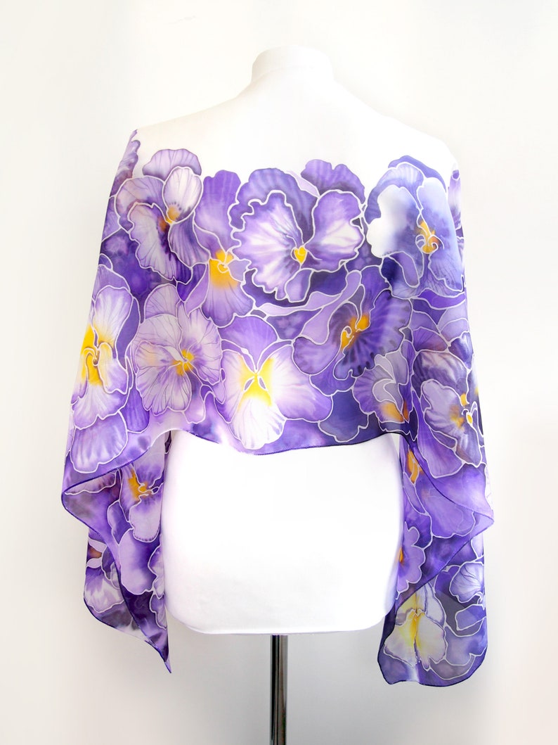 Purple scarf, pansy painted silk scarf with flowers, light weight pure Habotai for Mother's Day image 3