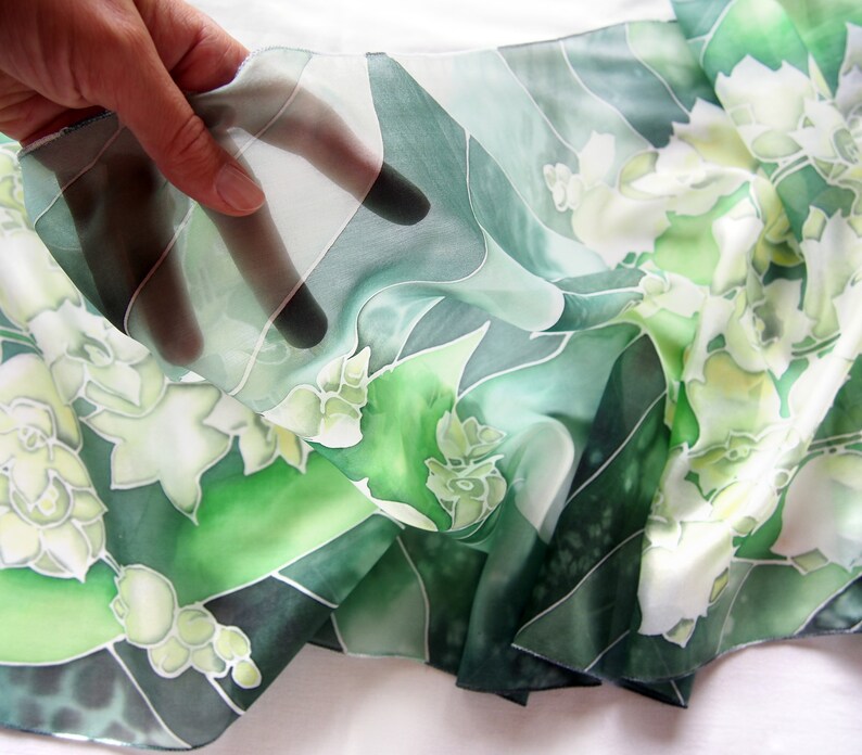 Green wedding scarf, Lily of the Valley hand painted scarves for bride image 3