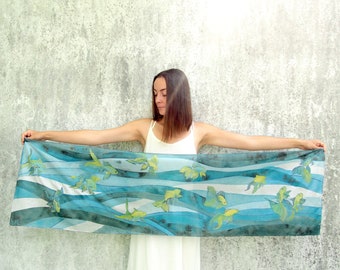 Long scarf Goldfish hand painted on light weight silk in blue, green and yellow. Koi fish gift