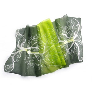 Bright green silk scarf with white tree. Nature inspired forest scarves hand painted. image 8