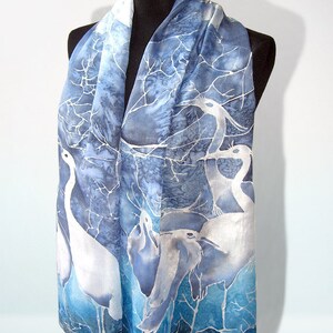 Blue Silk scarf HERON, hand painted scarves, great blue heron with snow, navy & gray scarf with birds image 2