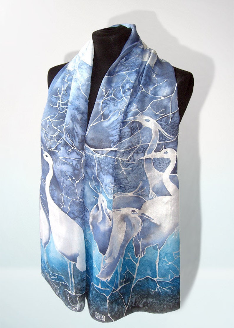 Blue Silk scarf HERON, hand painted scarves, great blue heron with snow, navy & gray scarf with birds image 2