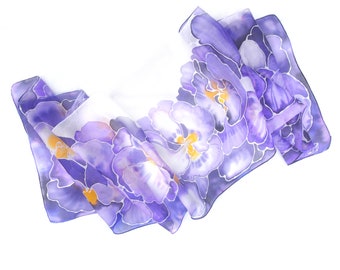 Silk scarf Pansy, hand painted scarves in violet & purple flowers, spring accessory