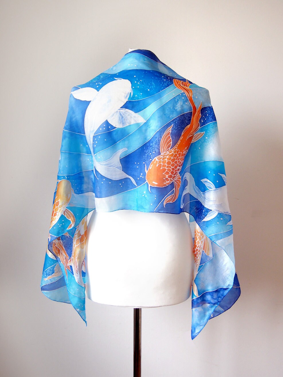 小物 Hand Printed Silk Scarf - blue Blue Silk Scarf With Fish, Hand Painted Koi Fish, Lucky