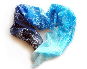 Ice scarf - silk scarf FROST - hand painted silk scarves - blue silk scarf - ombre, snow scarf with white swirls - gradient shading on silk,