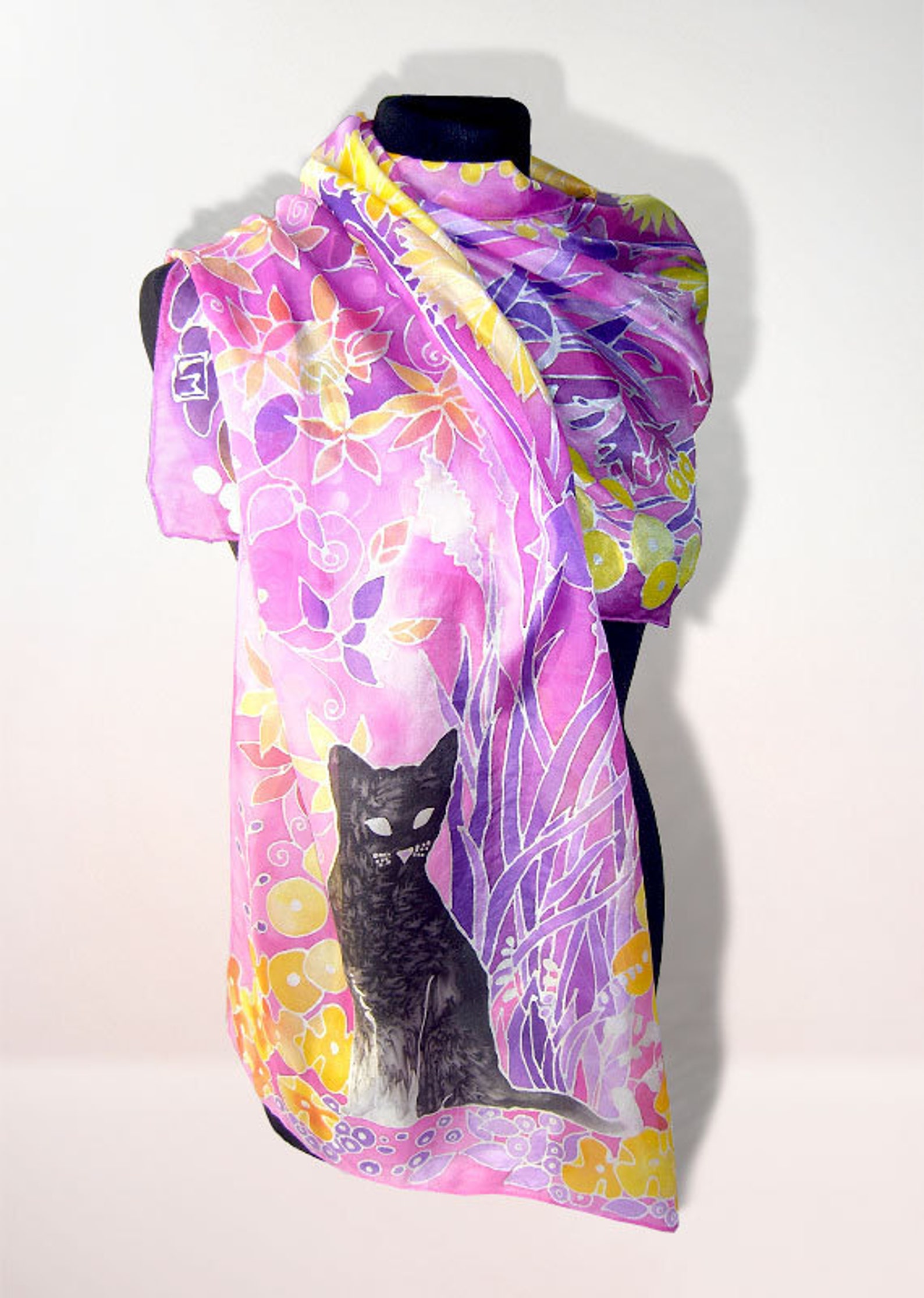 Long silk scarf CATS hand painted silk scarves Habotai pink Etsy