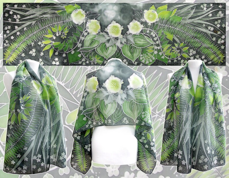 Fern scarf, dark green silk scarves hand painted with Solomon seal, St Patrick gift image 8