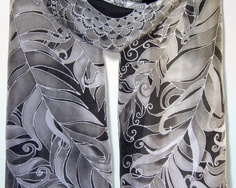 Black scarf Feathers, long silk scarves hand painted with silver gray and white wings, black and white silk scarf,
