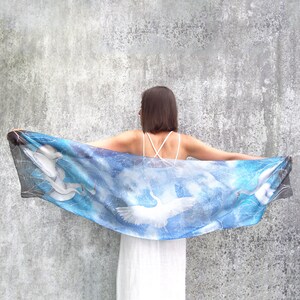 Blue Silk scarf HERON, hand painted scarves, great blue heron with snow, navy & gray scarf with birds image 5