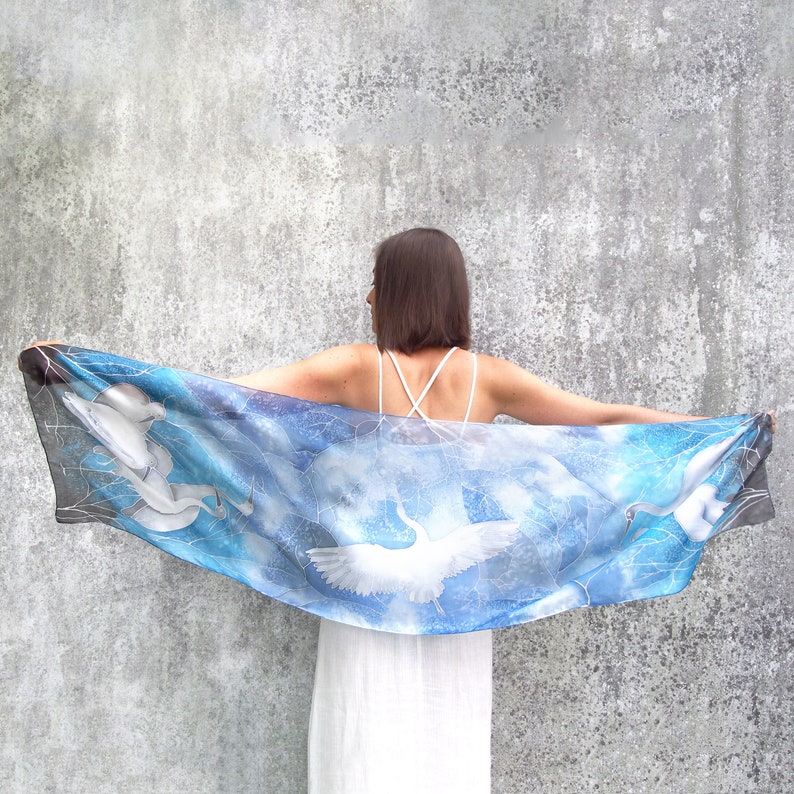 Blue Silk scarf HERON, hand painted scarves, great blue heron with snow, navy & gray scarf with birds image 5