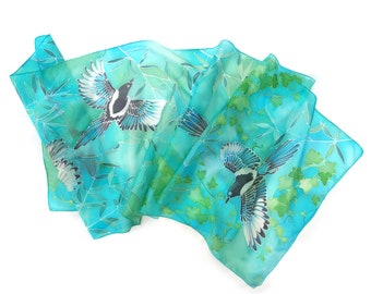 Silk scarf Magpie, hand painted scarves in turquoise & blue with ivy leafs and olive branches, gift for new mom, bird scarf