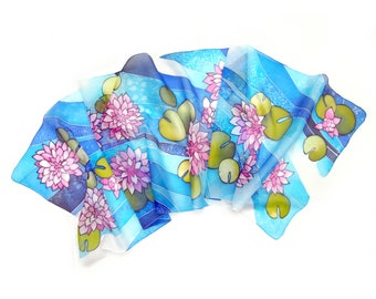 Lotus blue silk scarf, hand painted wrap with water flowers. Water lily gift for bridesmaid.