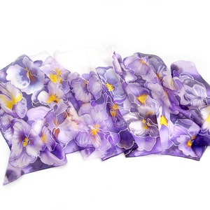 Purple scarf, pansy painted silk scarf with flowers, light weight pure Habotai for Mother's Day image 8